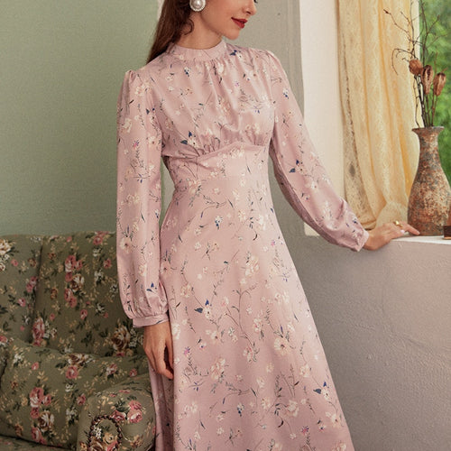 Load image into Gallery viewer, Elegant Floral High Waist Print Office Long Sleeve Lady Vintage Dress
