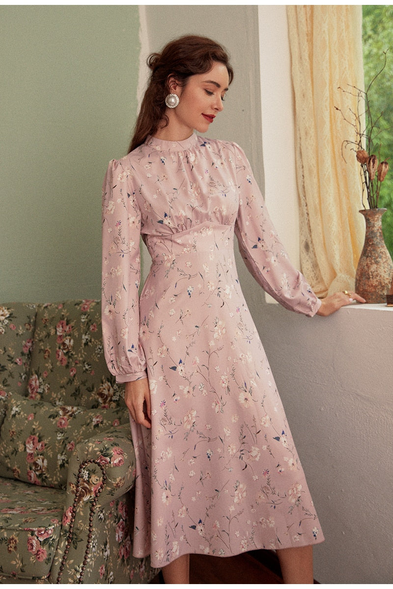 Elegant Floral High Waist Print Office Long Sleeve Lady Vintage Dress