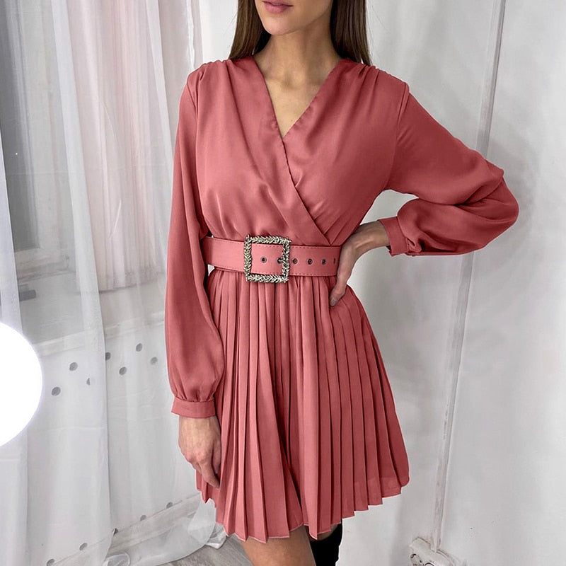 Sexy V-neck Solid Office Long Sleeve Belt Pleated Mini Slim Dress