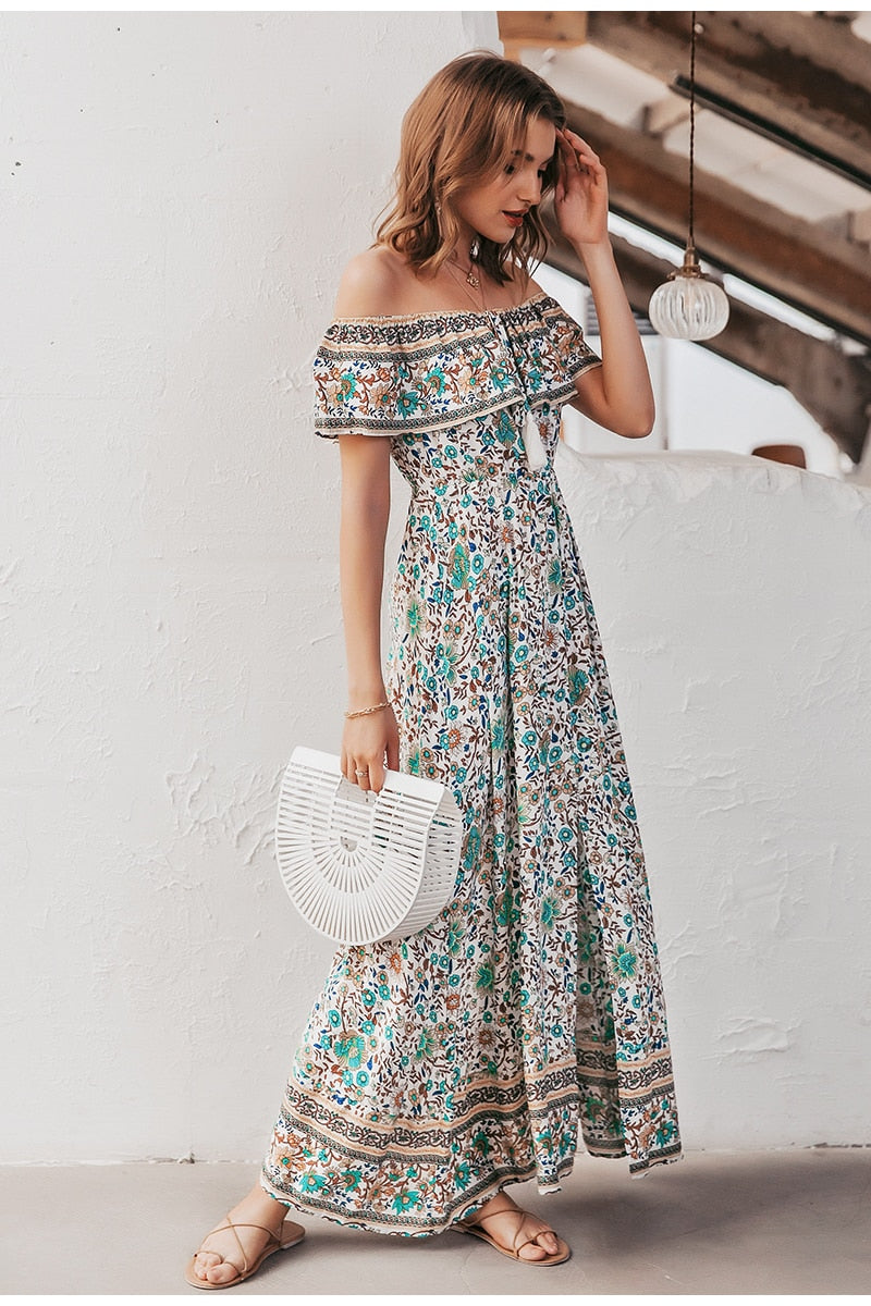 Boho Floral Print Off Shoulder Strap Ruffled High Waist Summer Casual Holiday Tassel Cotton Maxi Dress