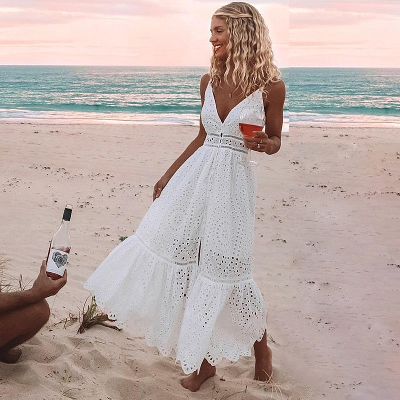 V-neck Sexy Lace Summer Strap Button Casual White Backless Midi Dress