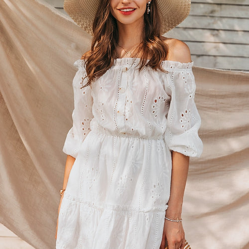 Load image into Gallery viewer, Sexy White Off Shoulder Summer Solid Ruffle Cotton Vintage Holiday Beach Dress
