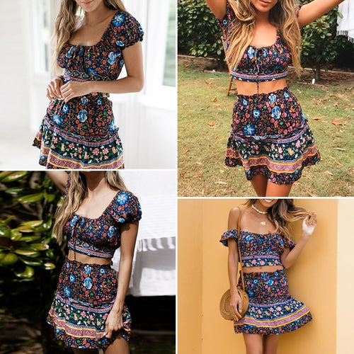 Load image into Gallery viewer, Floral Print 2 Pieces Summer Elegant Ruffle Off Shoulder Short Vintage Lace Up Beach Mini Dress
