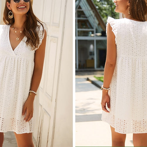 Load image into Gallery viewer, Elegant Embroidery Cotton Lace White V-neck Ruffle Short Holiday Summer Plus Size Dress
