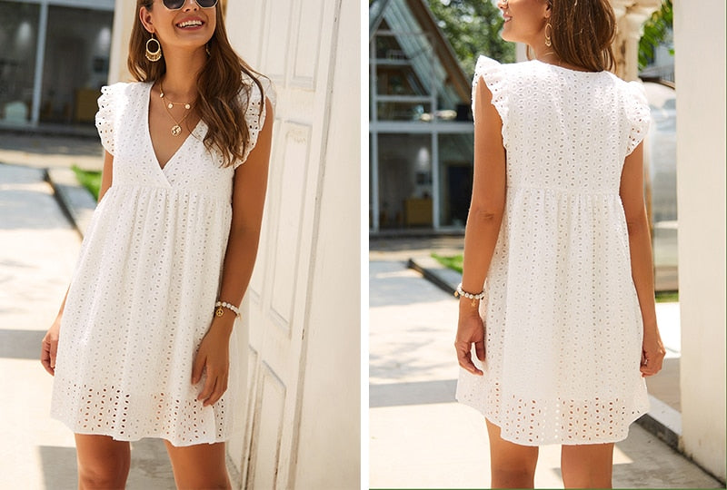 Elegant Embroidery Cotton Lace White V-neck Ruffle Short Holiday Summer Plus Size Dress