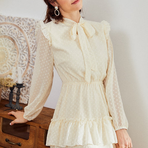 Load image into Gallery viewer, Vintage Solid Apricot Elegant Office Lady Casual Long Sleeve Short Party Dress
