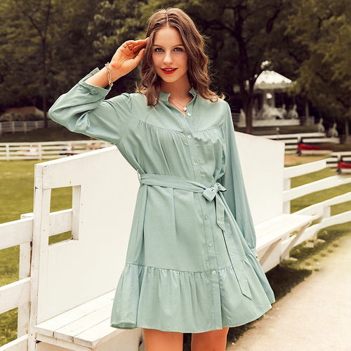 Load image into Gallery viewer, Green Bow Ruffles Sash Button Long Sleeve Casual Dress
