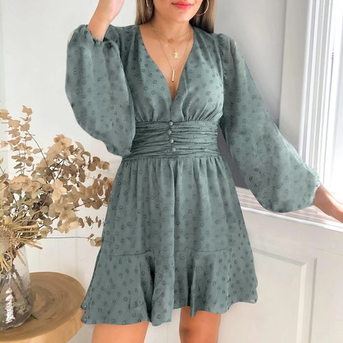 Load image into Gallery viewer, Sexy V-neck Solid Party Elegant Lantern Ruffled Long Sleeve High Waist Dress
