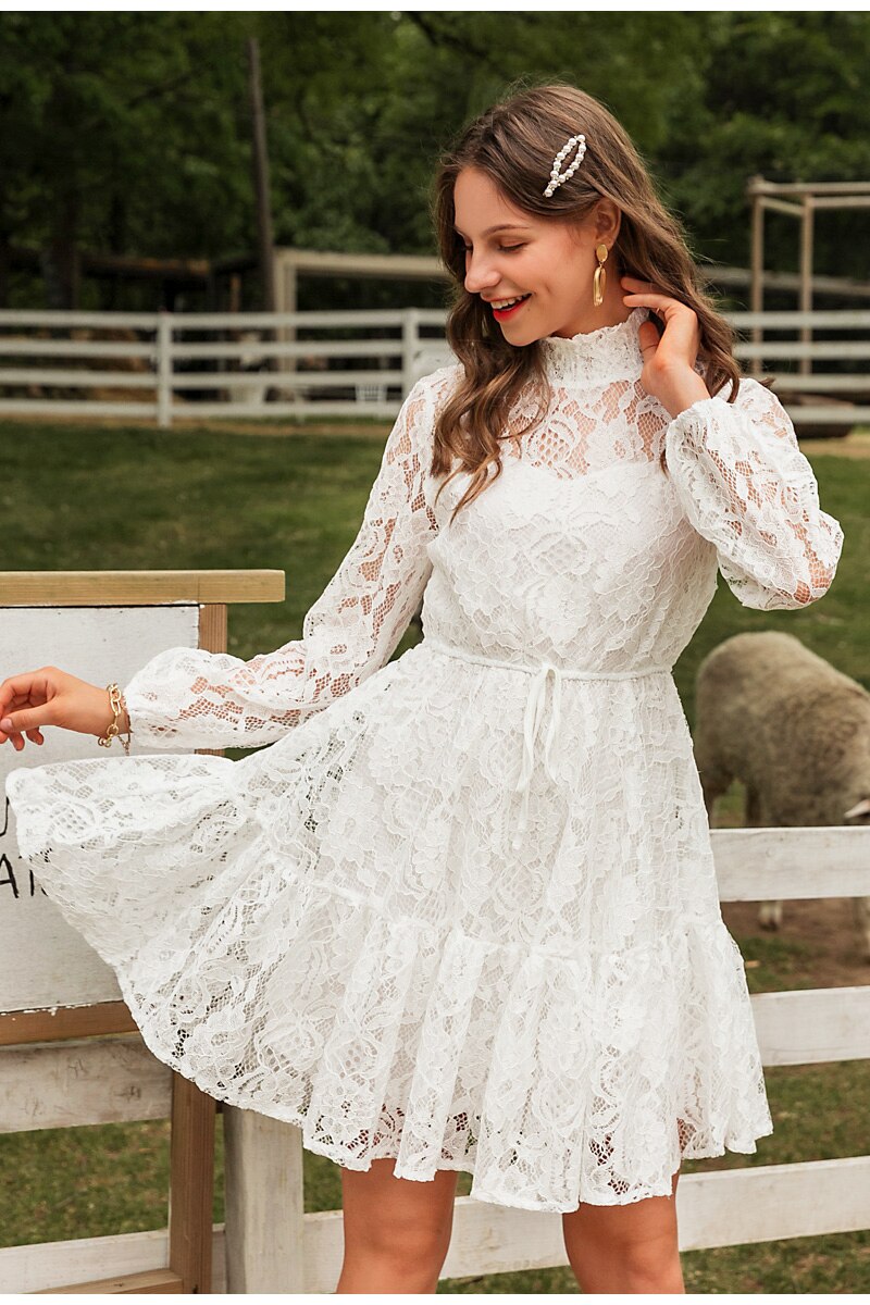 Solid White Lace Sexy V-neck Floral Summer Cotton White Midi Dress