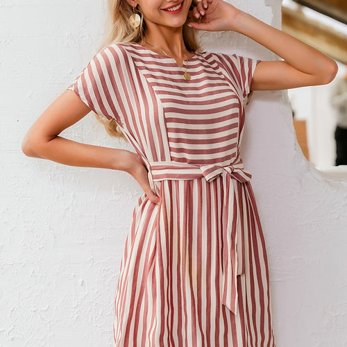 Load image into Gallery viewer, Striped Casual Buttons Strap Short Sleeve Summer O-neck A-line Holiday Dress
