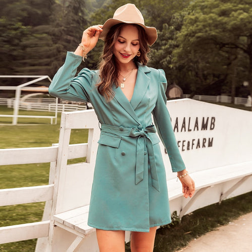 Load image into Gallery viewer, Straight Puff Sleeve Casual High Waist Belt Green Elegant Office Button Blazer Dress
