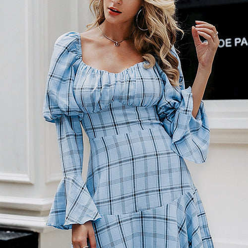 Load image into Gallery viewer, Vintage Plaid Elegant Square Collar Long Puff Sleeve Mini Sexy Ruffle A-line Party Dress
