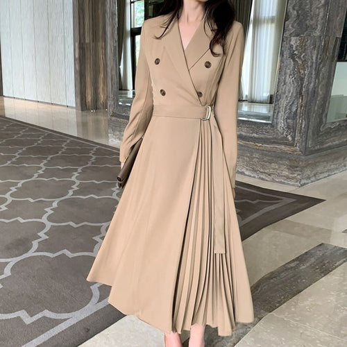 Load image into Gallery viewer, Casual Suit Collar Autumn Long Sleeve Office Lady Asymmetrical Long Dress with belt A-line Dress
