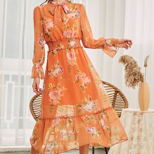 Load image into Gallery viewer, Casual Bow Tie Boho Chiffon Trumpet Sleeve Ruffle Slim Calf Vacation Style A-line Dress
