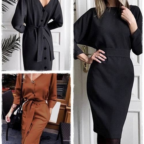 Load image into Gallery viewer, Elegant Long Party Bodycon Single Breasted Belt Batwing Sleeve Sexy High Waist Autumn Office Dress
