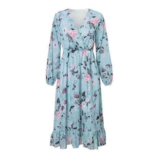 Load image into Gallery viewer, Floral Print Plus Size High Waist Ruffled Summer Loose V-neck Puff Sleeve Chiffon Boho Dress
