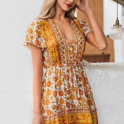 Load image into Gallery viewer, Boho Floral Print Summer Holiday Sash V-neck Beach Casual Ladies Chic Buttons Short Party Dress
