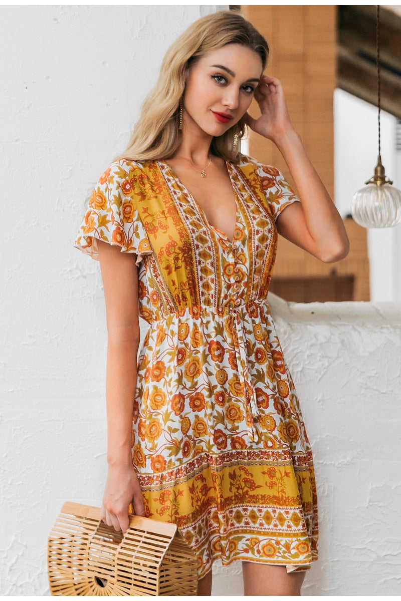 Boho Floral Print Summer Holiday Sash V-neck Beach Casual Ladies Chic Buttons Short Party Dress