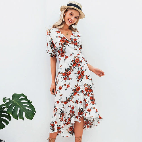 Load image into Gallery viewer, Floral Print Sash Bow Tie Midi V-neck High Waist Beach Holiday Spring Summer Dress

