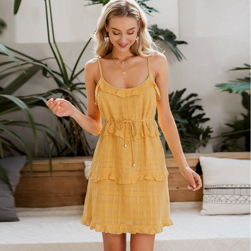 Load image into Gallery viewer, Sexy Sleeveless Beach Streetwear Ruffled Sash Summer Casual Holiday Solid Party Bodycon Mini Dress
