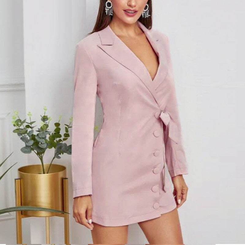 Sexy V-neck Office Wrap High Waist Buttons Solid Spring Blazer Long Sleeve Lapel Strap Bodycon Dress