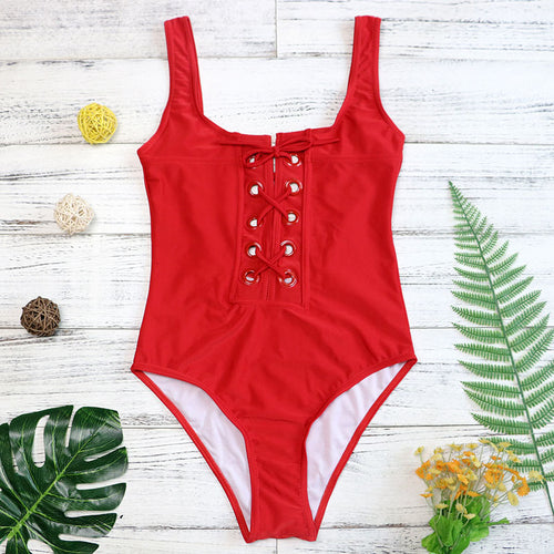 Load image into Gallery viewer, Sexy Solid Colored Lace Up Monokini-women fitness-wanahavit-Red-S-wanahavit
