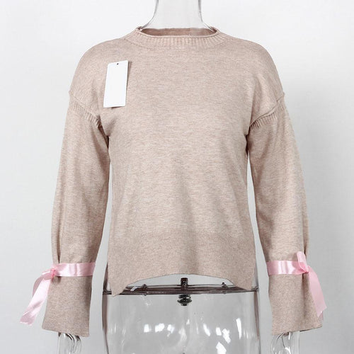 Load image into Gallery viewer, Ribbon Flare Long Sleeve Sweater-women-wanahavit-Pink-One Size-wanahavit
