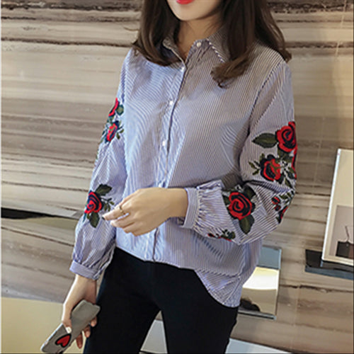 Load image into Gallery viewer, Floral Embroidered Autumn Long Sleeve Blouse-women-wanahavit-blue-S-wanahavit
