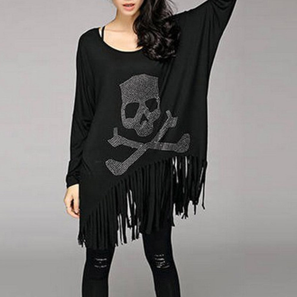 Plus Size Batwing Sleeve Skull Printed Tassel Cotton Long Sleeve-women-wanahavit-Black-One Size-wanahavit