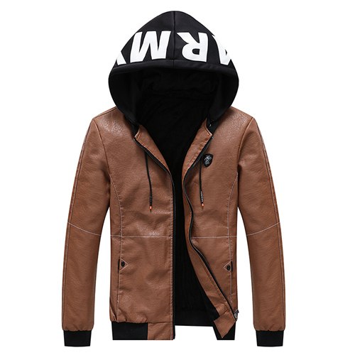Army Printed Color Accent Leather Hooded Jacket-unisex-wanahavit-Khaki-XXL-wanahavit