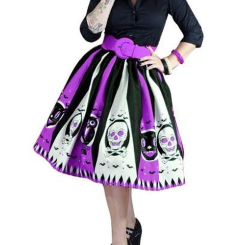 Load image into Gallery viewer, Gothic Skull Printed Pleated Long Skirt-women-wanahavit-Purple-S-wanahavit
