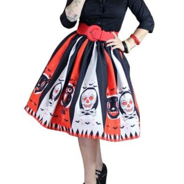 Gothic Skull Printed Pleated Long Skirt-women-wanahavit-orange-S-wanahavit
