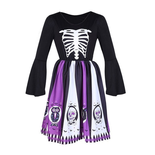 Load image into Gallery viewer, Gothic Halloween Chic Purple Flare Sleeve Skull Print Dress-women-wanahavit-Purple-S-wanahavit
