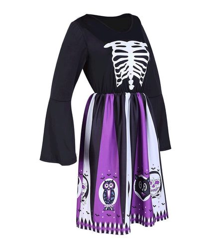 Gothic Halloween Chic Purple Flare Sleeve Skull Print Dress-women-wanahavit-Purple-S-wanahavit