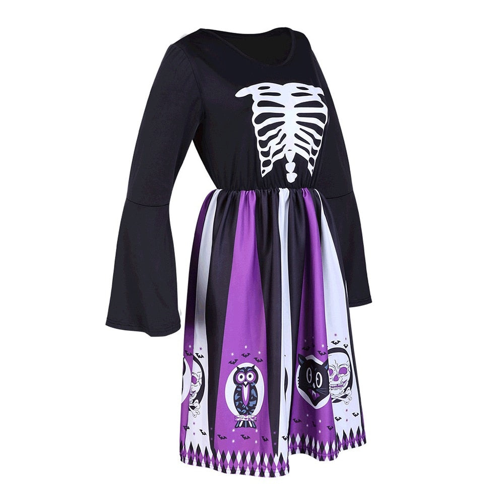 Gothic Halloween Chic Purple Flare Sleeve Skull Print Dress-women-wanahavit-Purple-S-wanahavit