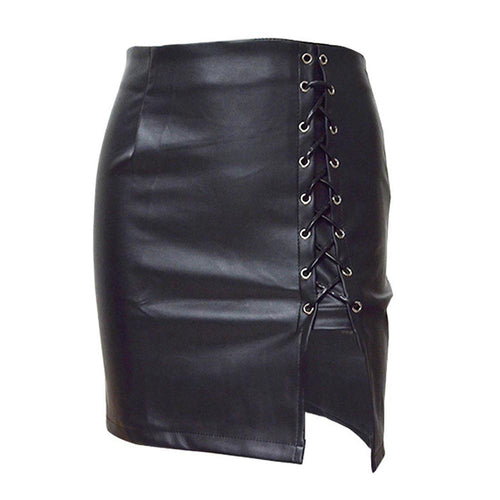 Load image into Gallery viewer, Gothic Faux Leather Skirt High Waist Lace Up Mini Skirt-women-wanahavit-black-S-wanahavit
