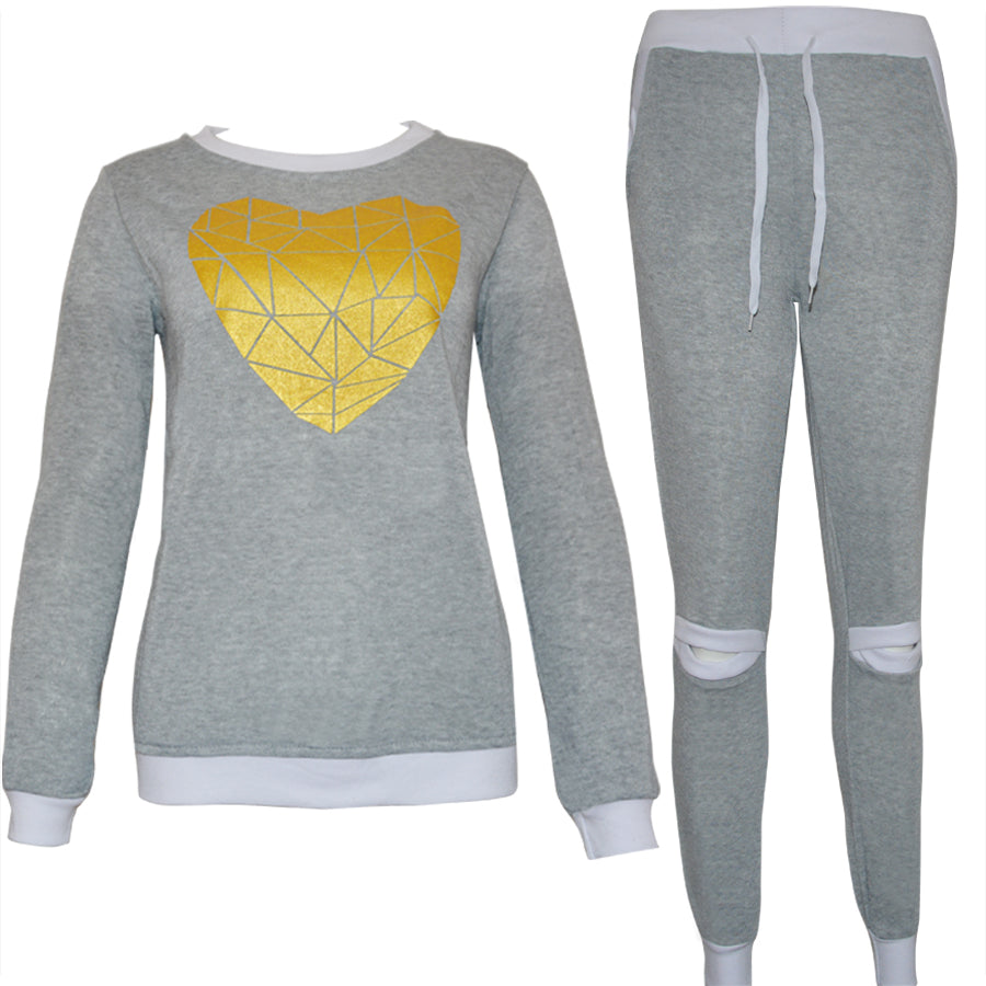 Gold Heart Hollow Out Lady Tracksuit Sweatshirt + Pant-women-wanahavit-Gray-S-wanahavit