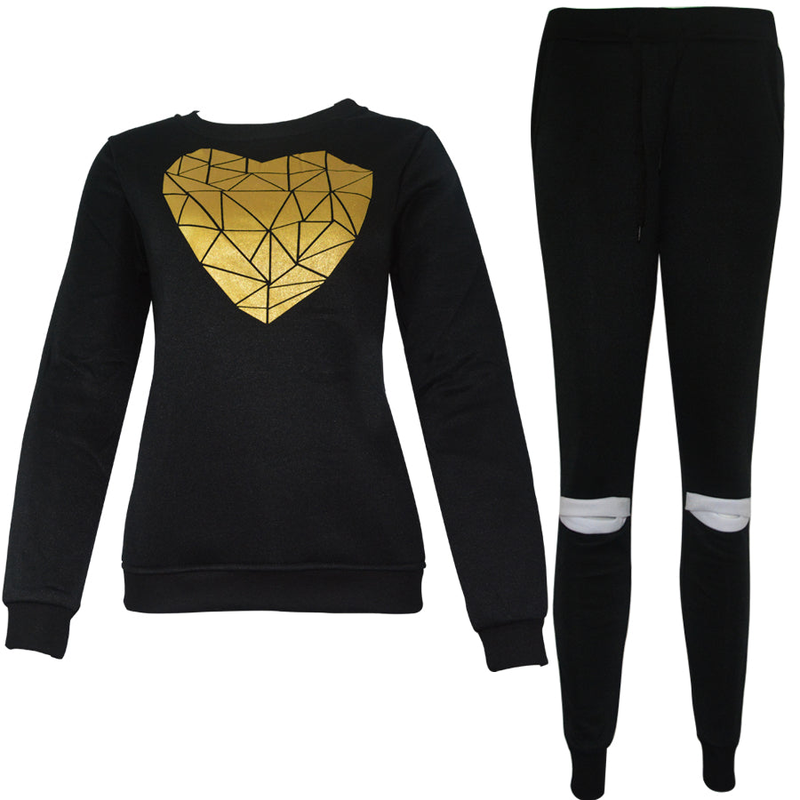 Gold Heart Hollow Out Lady Tracksuit Sweatshirt + Pant-women-wanahavit-Black-S-wanahavit