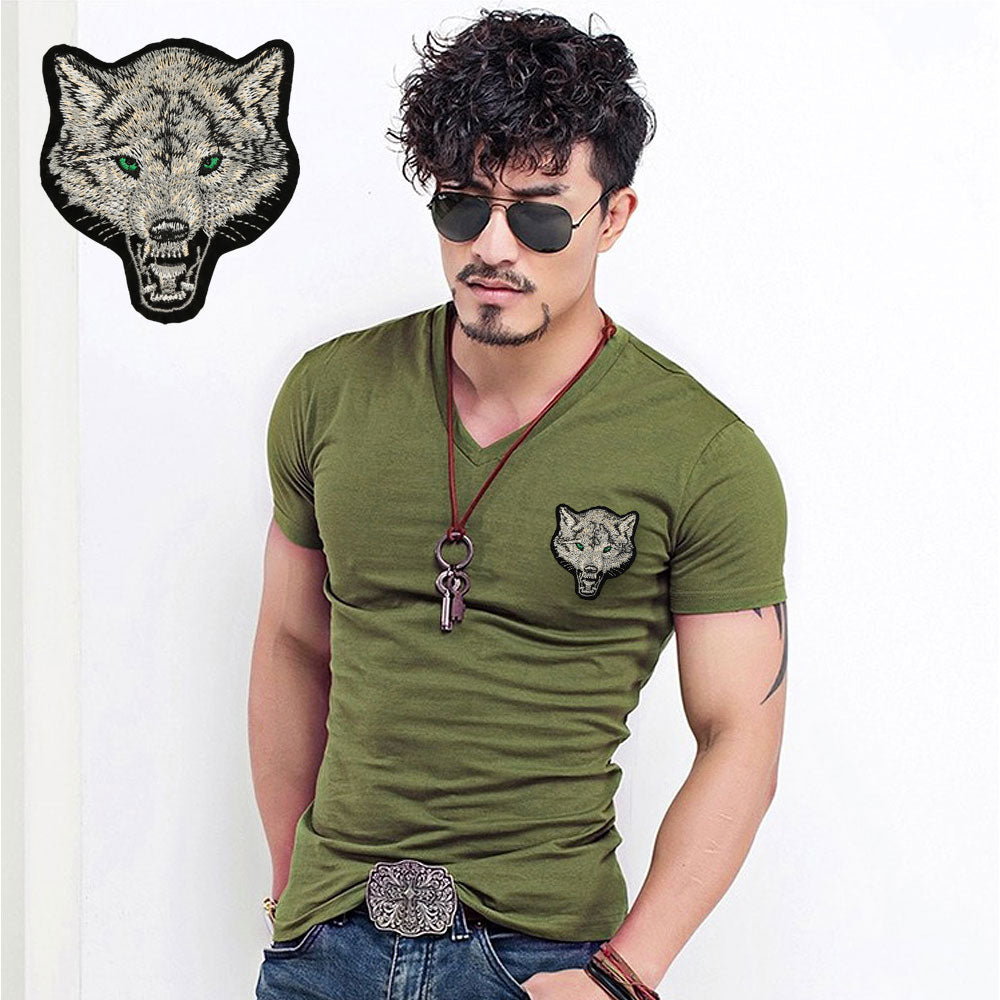 Wolf Embroidery Cotton Short Sleeve Tees-men-wanahavit-V neck Army-S-wanahavit