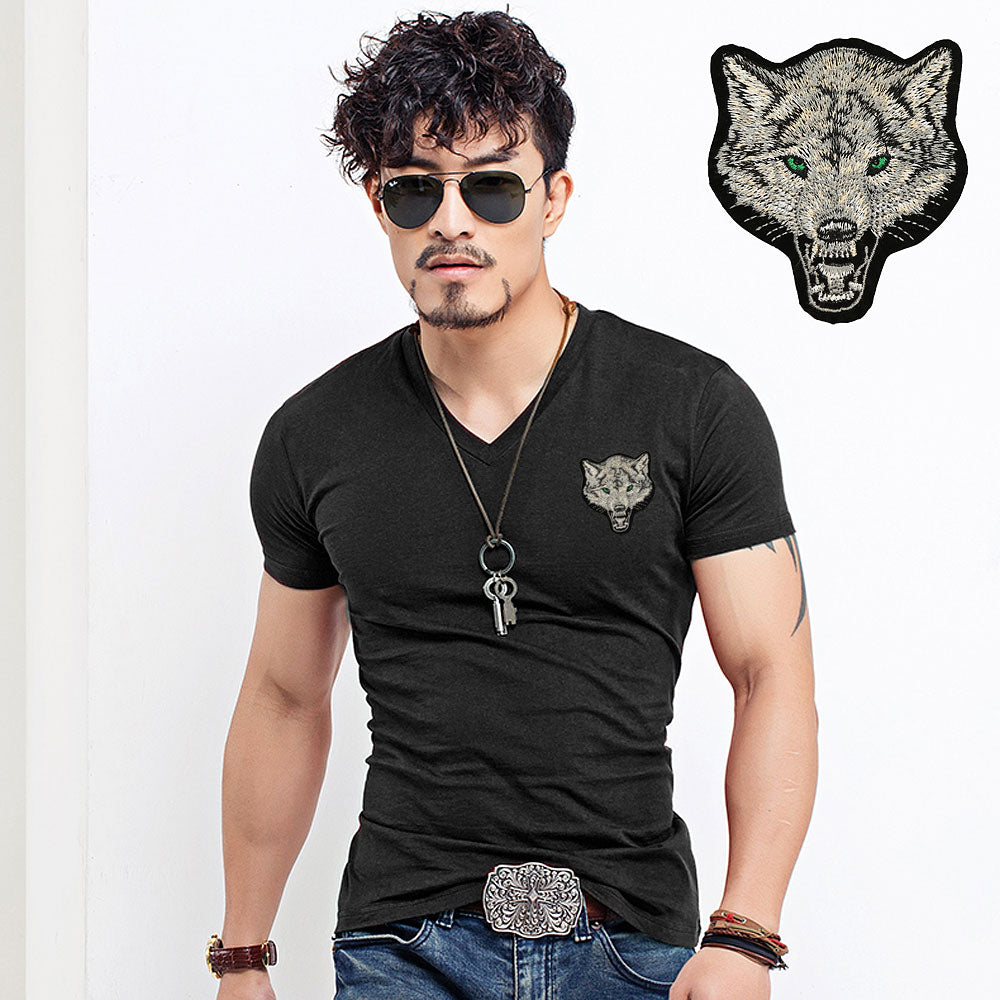Wolf Embroidery Cotton Short Sleeve Tees-men-wanahavit-V neck Black-S-wanahavit
