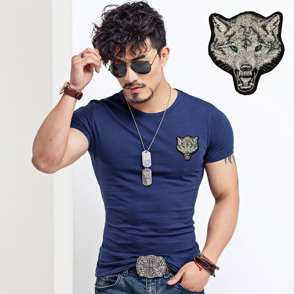 Wolf Embroidery Cotton Short Sleeve Tees-men-wanahavit-O neck Navy-S-wanahavit