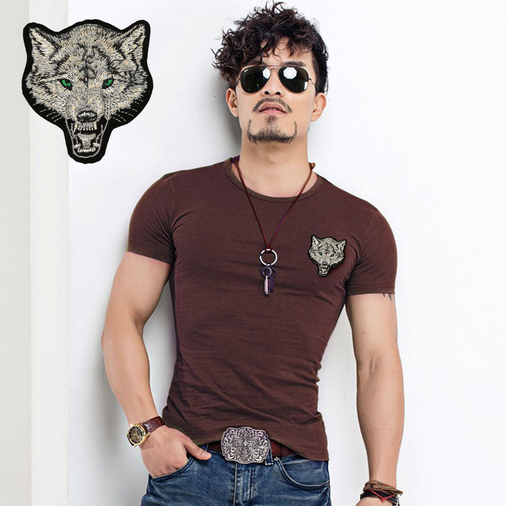 Wolf Embroidery Cotton Short Sleeve Tees-men-wanahavit-O neck Coffee-S-wanahavit