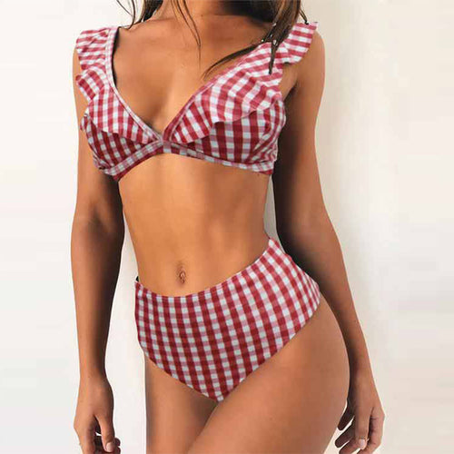 Load image into Gallery viewer, High Waist Polka Dot Ruffles Strap Bikini-women fitness-wanahavit-RedPlaid-S-wanahavit
