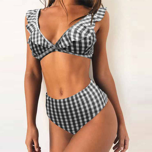 Load image into Gallery viewer, High Waist Polka Dot Ruffles Strap Bikini-women fitness-wanahavit-BlackPlaid-S-wanahavit
