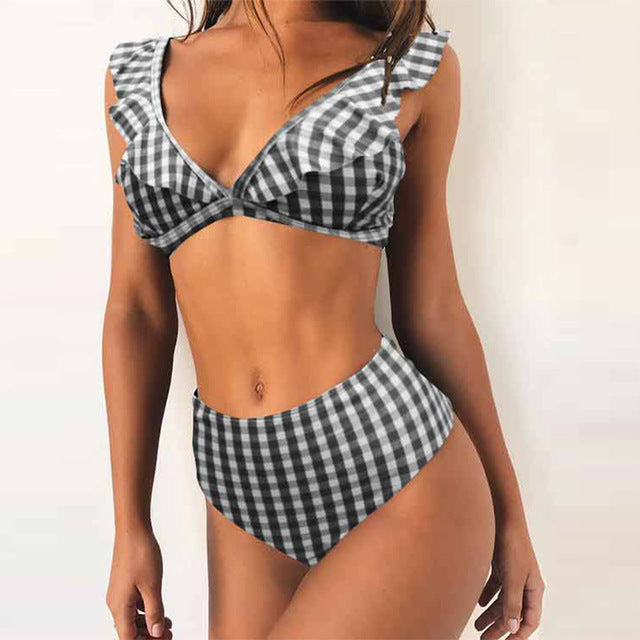 High Waist Polka Dot Ruffles Strap Bikini-women fitness-wanahavit-BlackPlaid-S-wanahavit