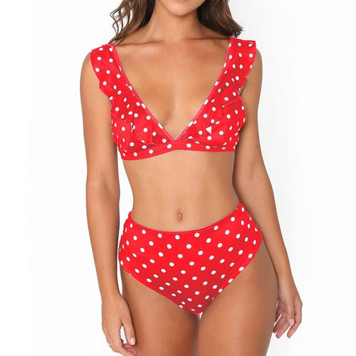 Load image into Gallery viewer, High Waist Polka Dot Ruffles Strap Bikini-women fitness-wanahavit-Red-S-wanahavit
