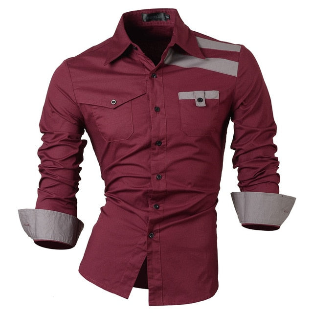 Two Color Accent Casual Slim Fit Modern Long Sleeve Shirt-men-wanahavit-8358 WineRed-L-wanahavit