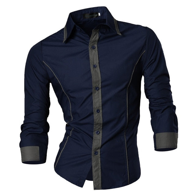 Two Color Accent Casual Slim Fit Modern Long Sleeve Shirt-men-wanahavit-8015 Navy-L-wanahavit