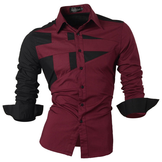Two Color Accent Casual Slim Fit Modern Long Sleeve Shirt-men-wanahavit-8397 WineRed-L-wanahavit