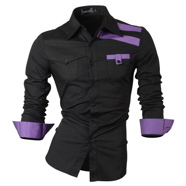 Two Color Accent Casual Slim Fit Modern Long Sleeve Shirt-men-wanahavit-8358 Black-L-wanahavit